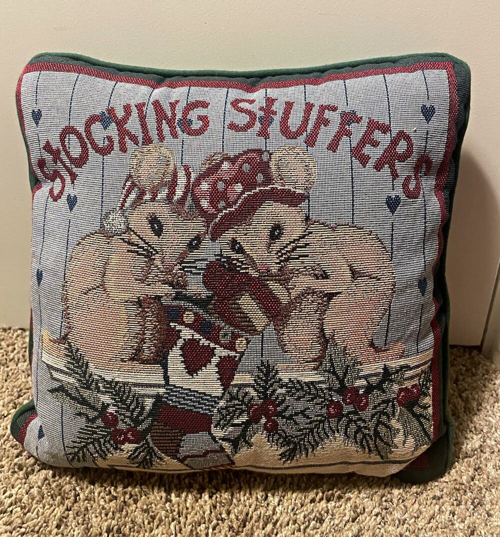 VTG Christmas Mouse Tapestry Decorative Pillow Decor Stocking Stuffers 12x12